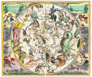 Eteläisen pallonpuoliskon kartta, pubista "The Celestial Atlas tai The Harmony of the Universe" (Atlas coelestis seu harmonia macrocosmica). kirjoittanut Joannes Janssonius, Amsterdam, 1660-61 (käsinvärjätty eng